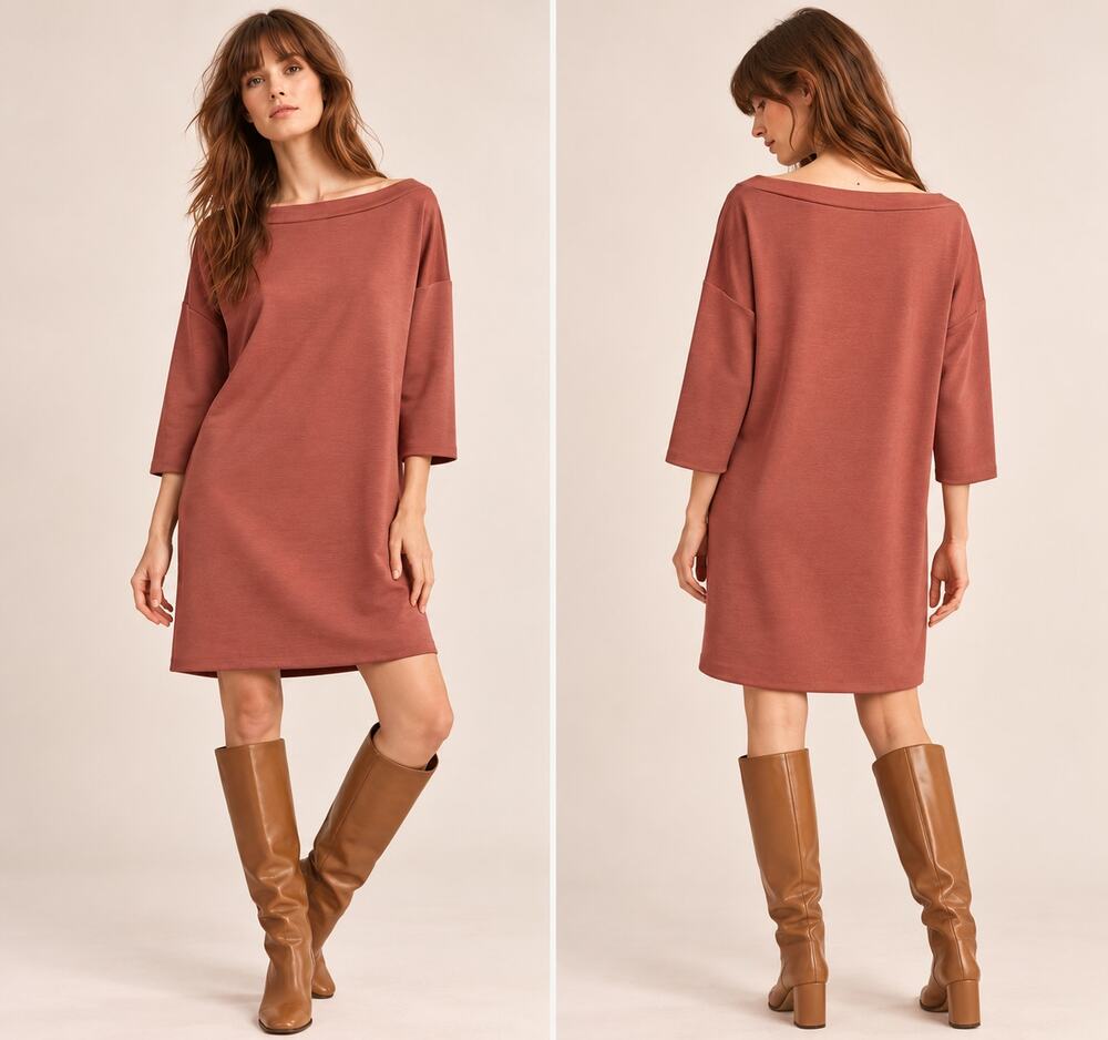 Soft Rust Mini Shift Dress S 90s Minimalist Wide Boat Neck Drop Shoulder NWT